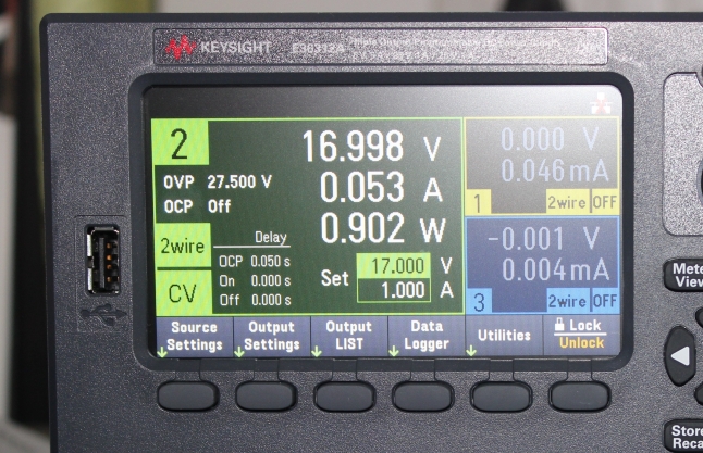 Meter view showing the voltage, current and power consumption of the DUT